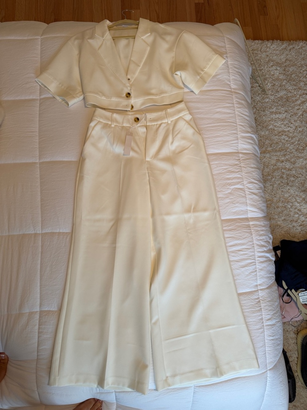 Cream / white High-Waist Wide-Leg Pants & Cropped Blazer Set
